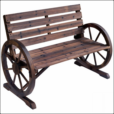 Rustic Wooden Wagon Wheel Bench, Weather-Resistant Outdoor Patio Furniture With Slatted Seat And Backrest For Two People