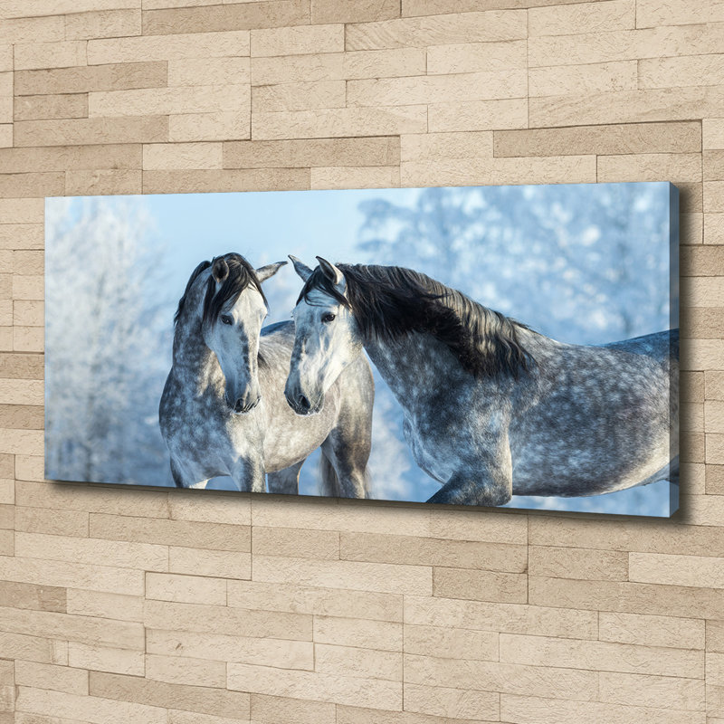 Gray Horses In Winter - No Frame Print on Glass, 50cm H x 125cm W x 2cm D, Canvas