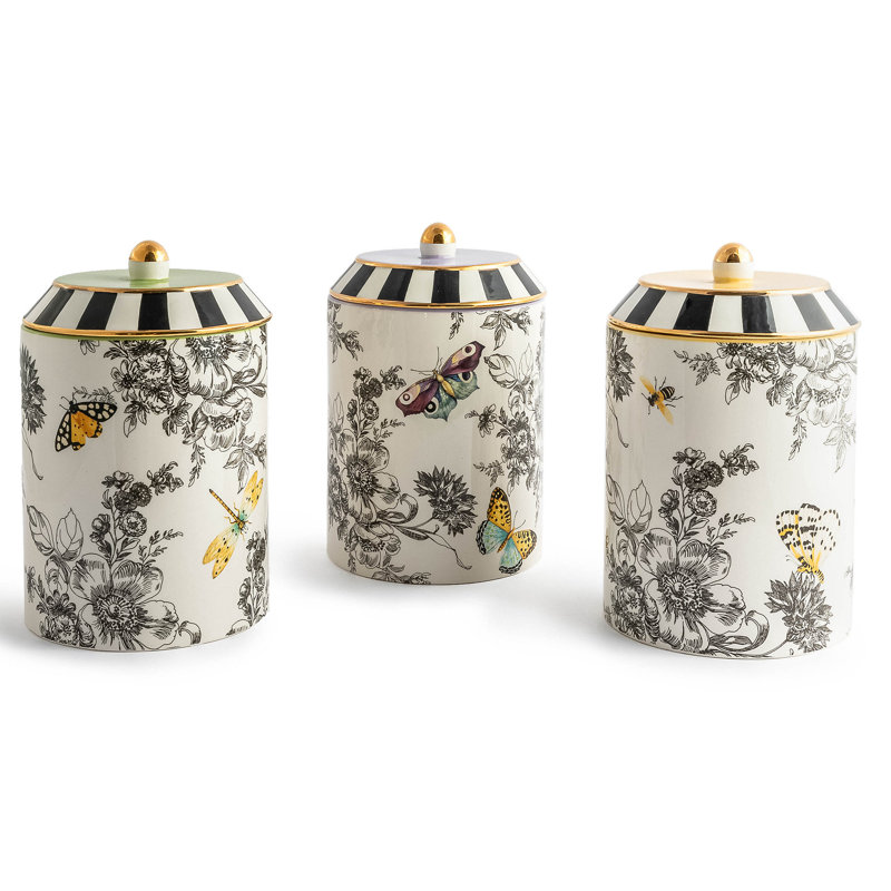 Handmade Butterfly Toile Ceramic Canisters with Gold Accents, Set of 3