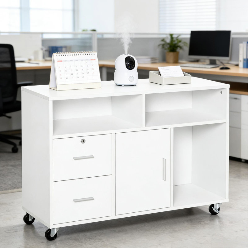 Support pour imprimante avec tiroirs verrouillables et mobilité douce - 3 tablettes, 2 tiroirs, armoire, 4, blanc, L 39,25 po x l 13,75 po H 25,5 po