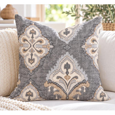 One high quality charcoal grey damask cotton pillow cover, medallion print