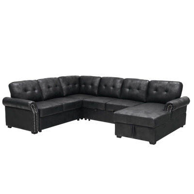 Faux Leather U-Shape Sectional Sleeper Sofa with Storage Chaise