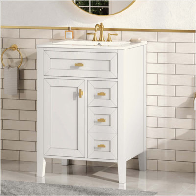 Meuble-lavabo de salle de bain avec lavabo, panneau de fibres à densité moyenne et bois d'hévéa, 3 tiroirs et armoire avec porte de rangement à 2 niveaux, porte et tiroirs à fermeture en douceur, conception moderne pour les petites et moyennes salles de bain