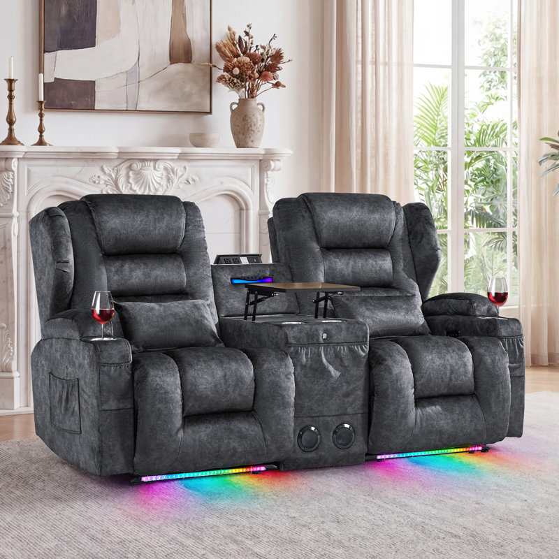 Canapé inclinable électrique Loveseat, canapé inclinable en velours avec console, siège de cinéma extra large, Velours noir