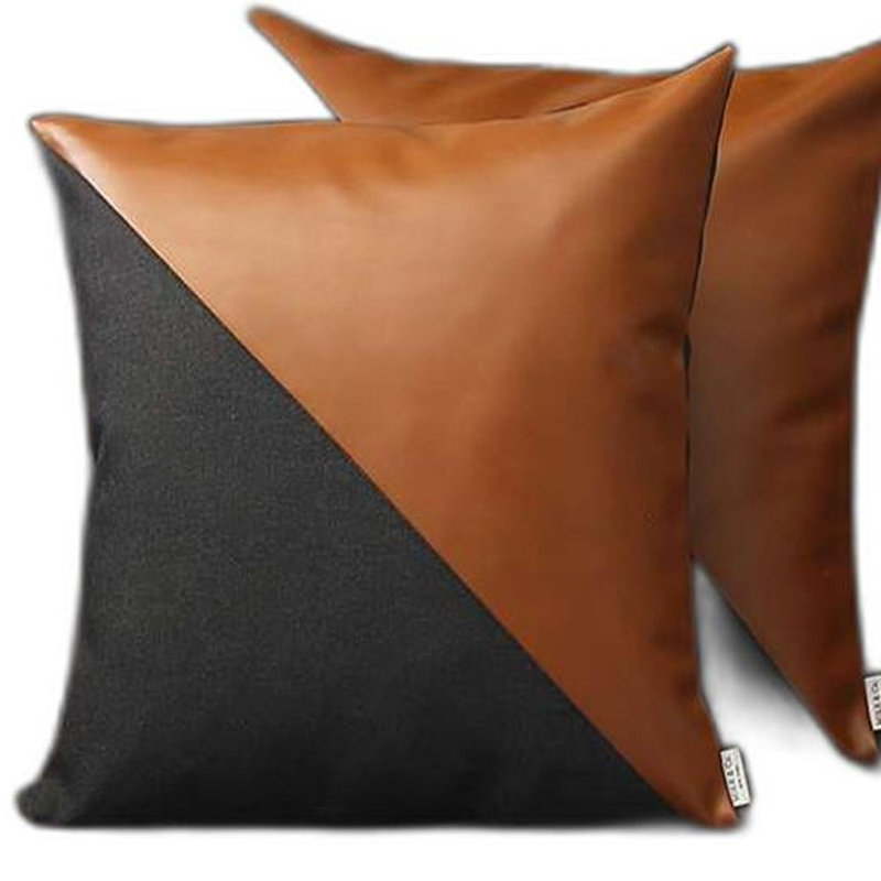 Ensemble de 2 housses de coussin lombaire en similicuir, Noir / brun