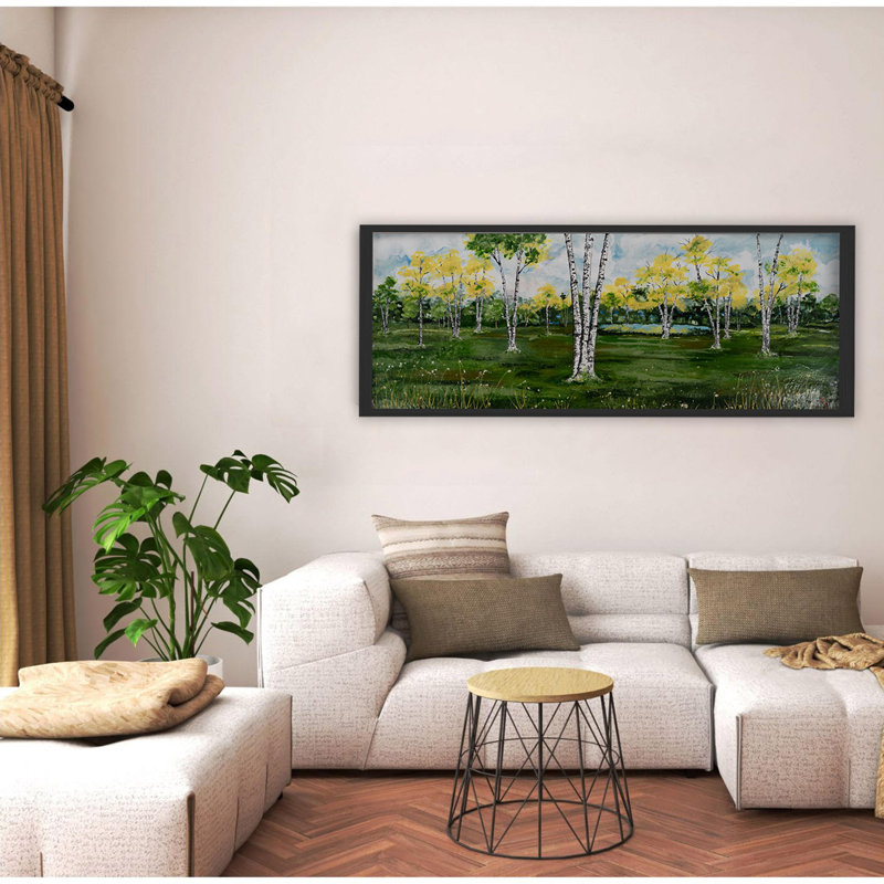 "Summer Birchscape", art mural sur toile, H 12 po x l 24 po, Cadre flottant noir
