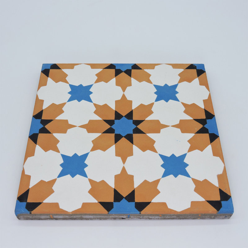 Ahfir 8" x 8" Cement Singular Wall & Floor Tile, Orange/Blue/Black