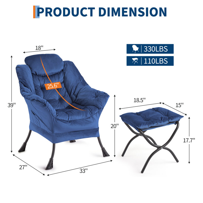 Lazy Chair with Ottoman, Comfortable Reading Chairs with Foldable Footrest for Living Bedroom with Armrests & a Side Pocket