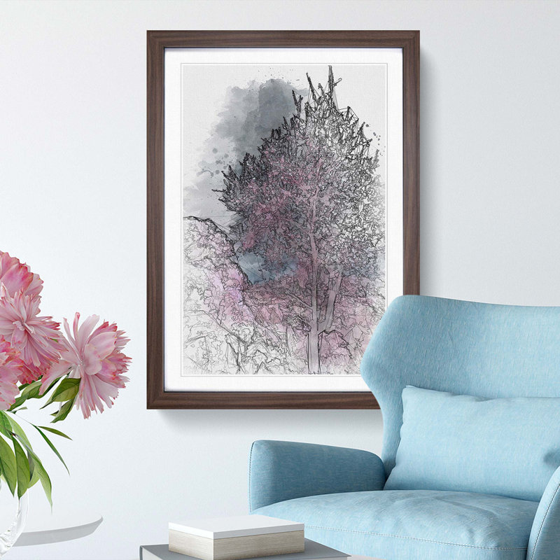 Pink Trees in Malaga Spain - Picture Frame Graphic Art Print, 50cm H x 35cm W x 2cm D, Walnut