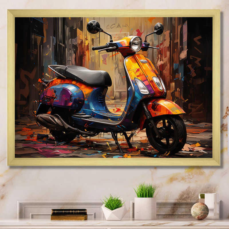 " Orange Blue Scooter Street Styler ", 16" H x 32" W x 1" D, Gold Single Picture Framed