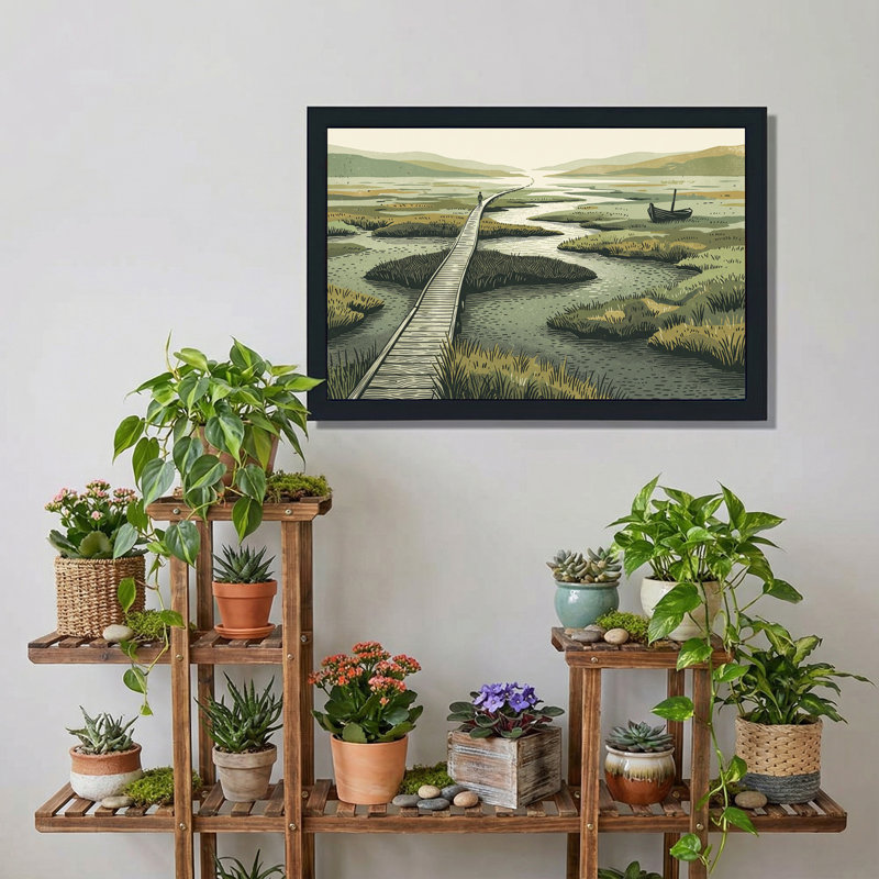 Art mural en bois, promenade en bois à travers le marais vert avec bateau, H 20 po x l 30 po