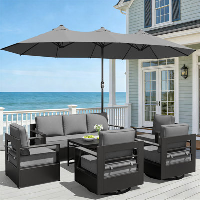 7-Person Aluminum Outdoor Patio Sofa, 4 Chairs & Coffee Table Set with Gray Umbrella & Cushions