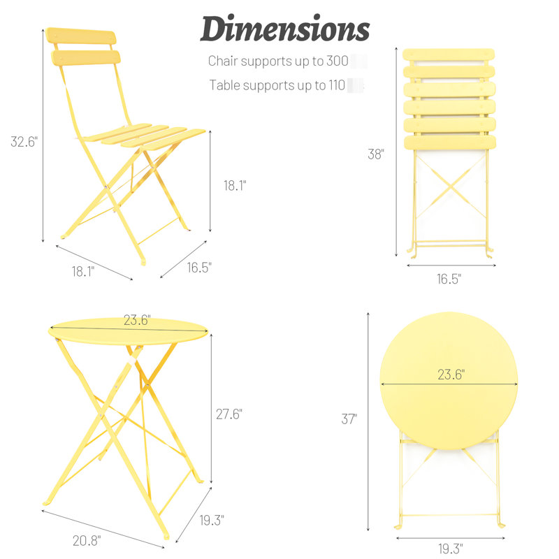 Yellow Patio Bistro 3 Pieces , Metal Chair Table, With Rust- Finish, Foldable For Portability, Easy To Clean, Cushioned Chairs Balcony Table - Yellow, Strong And Construction, Steel Frame, Design,
