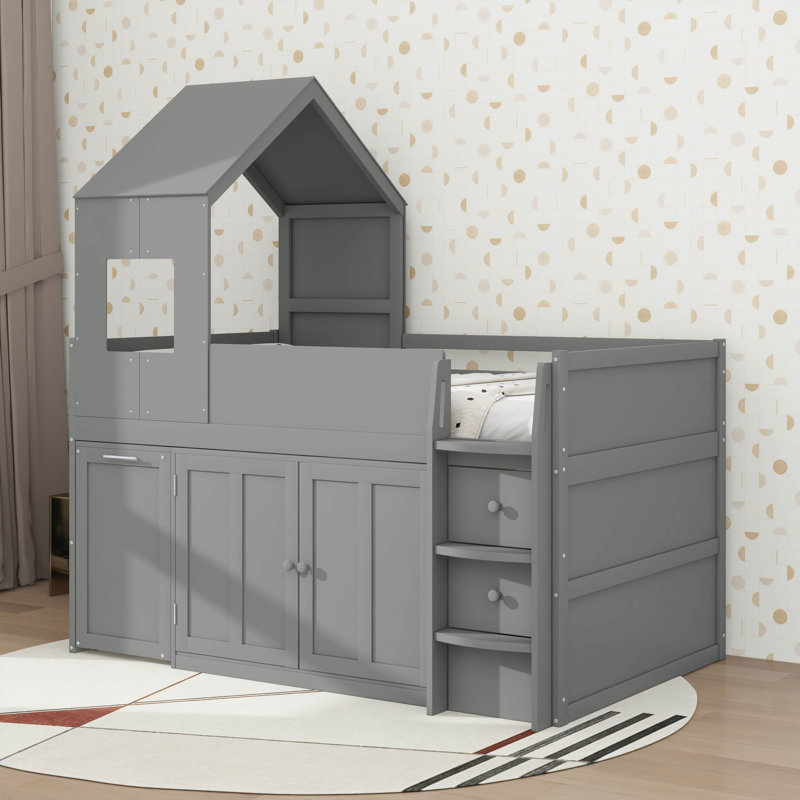 Lit mezzanine simple en bois avec bureau et rangement, 4 armoires, tablettes et tiroirs, Gris