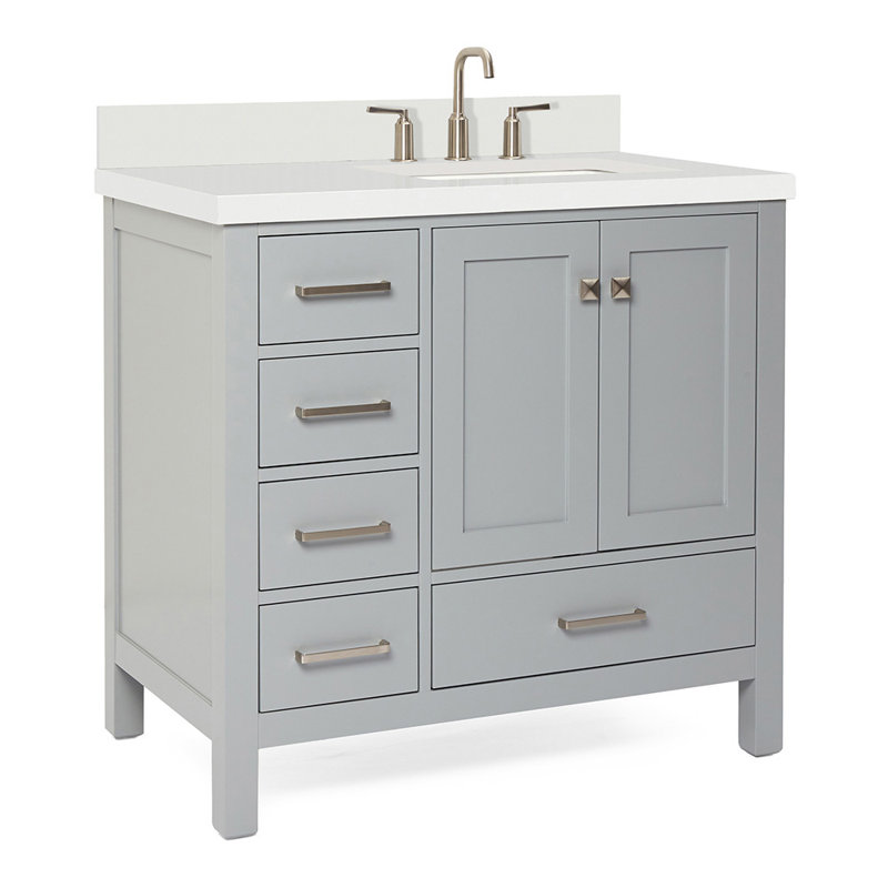 Cambridge 37'' W Single Vanity, Gray, Pure White Quartz, Rectangular