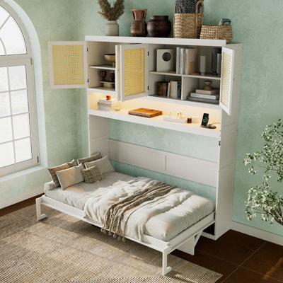 Twin Size Murphy Bed with Top Cabinet Foldable Bed with Light and USB Ports