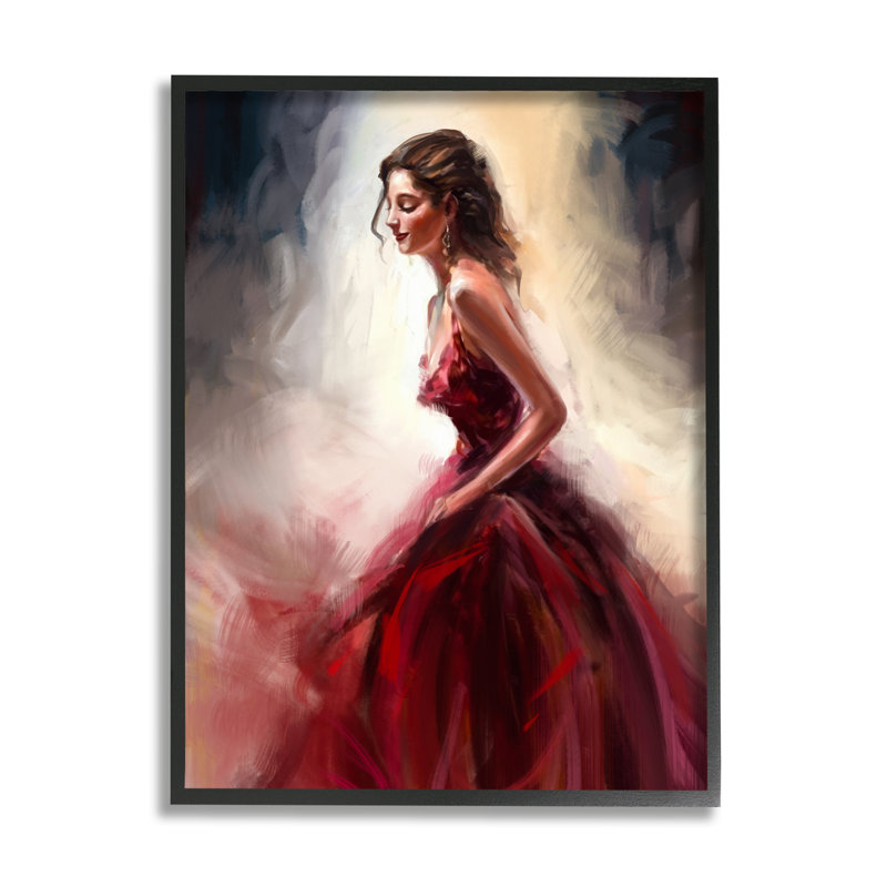 «Elegant Woman», robe rouge encadrée sur bois par Ziwei Li, impression, Giclée encadrée noir minuit, H 14 po x l 11 po