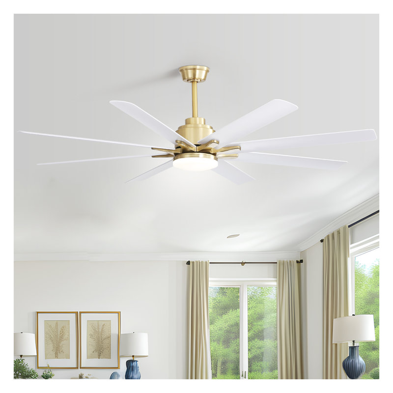 Ventilateur de plafond doré moderne de 66 pouces avec lumière DEL à intensité variable, ventilateur de plafond intelligent à 8 pales en ABS avec télécommande, moteur à courant continu réversible pour le salon, le bureau personnel