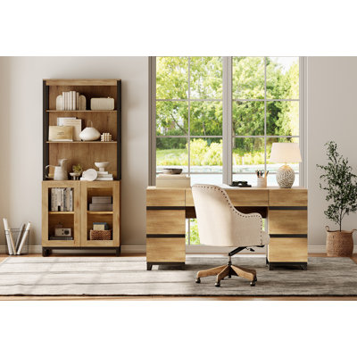 Ensemble de bureau à domicile WAMPAT: bureau moderne de 59 po avec station de charge et armoire de rangement, bibliothèques de 72 po de hauteur avec tablettes réglables, bureau d'ordinateur en bois et armoire de rangement pour bibliothèque