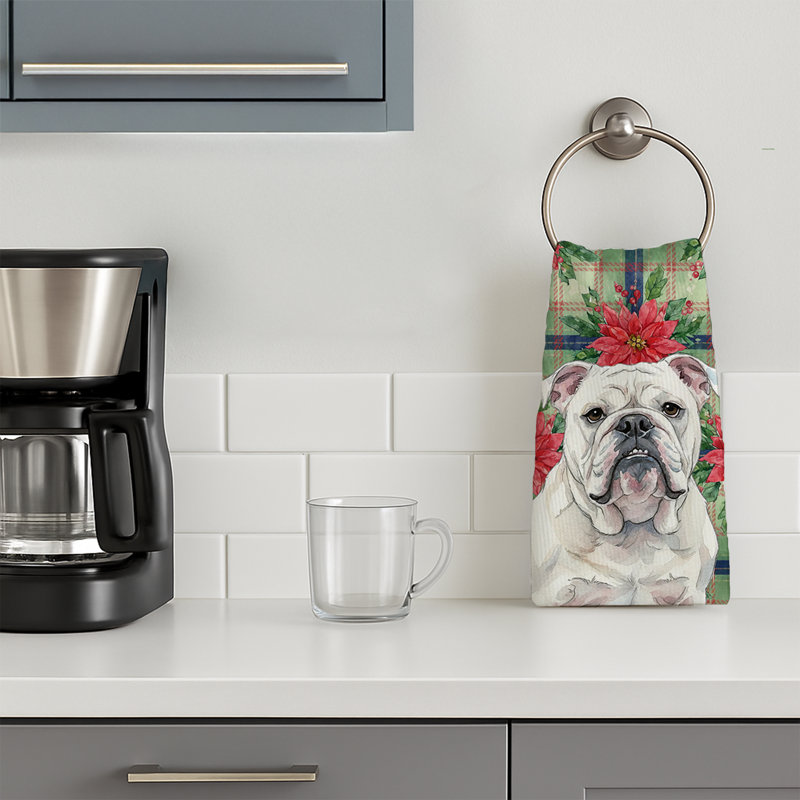 White English Bulldog Christmas PoinsettIas Kitchen Towel, White English Bulldog