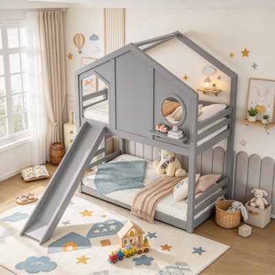 Solid Wood House Bunk Bed with Slide for Kids, House Loft Bed with Window and Storage Shelves for Boys Girls, Twin Size, Gray