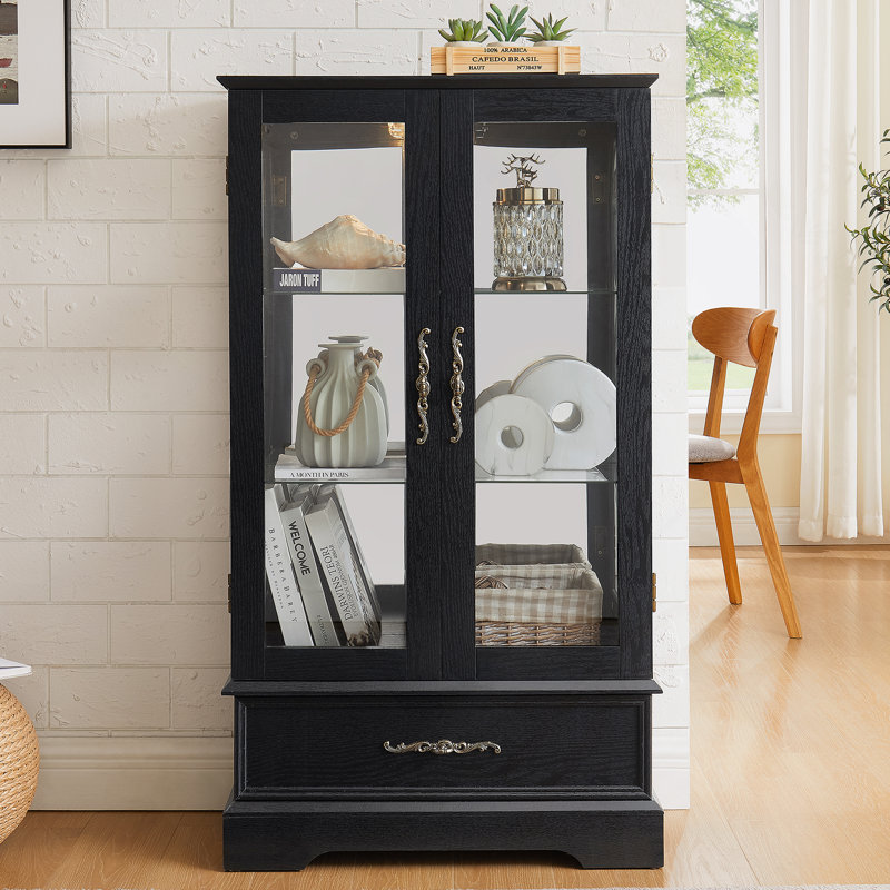 Vitrine lumineuse en verre avec ampoule, vitrine à 2 portes avec tiroir et tablettes réglables