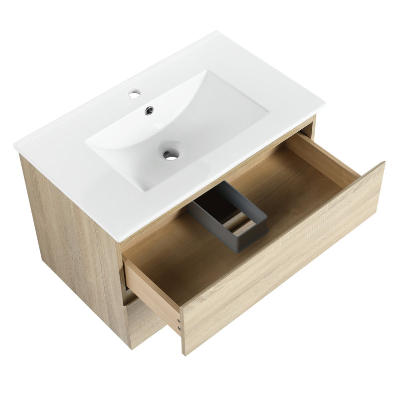 Meuble-lavabo mural 30 po avec lavabo en céramique et 2 tiroirs à fermeture en douceur - style chêne