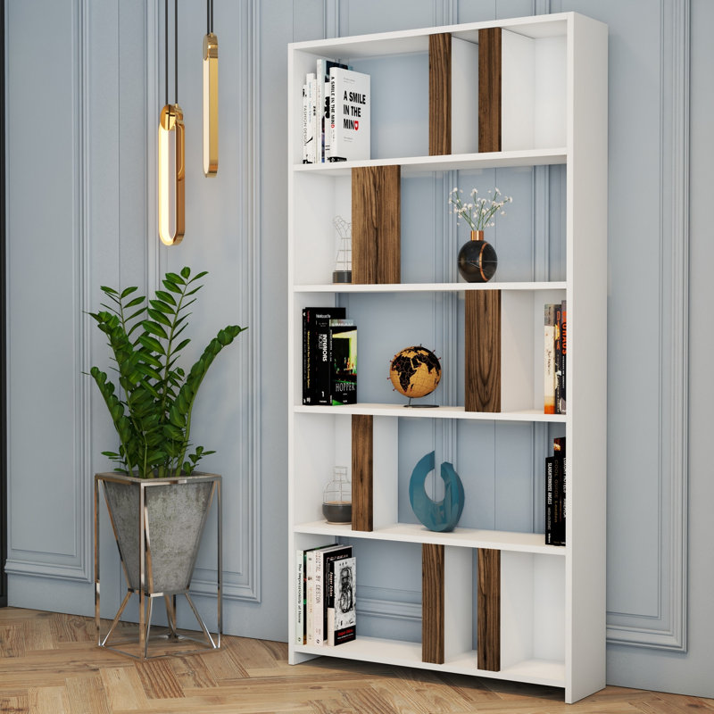 Modern Wall-Mounted Bookshelf, White & Walnut Finish, 35.4 x 70.9 x 7.9 inches | 100% Melamine Coated Particle Board, Thickness: 0.7 inches | Numerous Shelves, Stylish & Functional Design for Home or Office