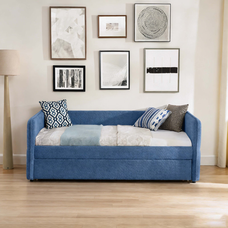 Daybed with Twin Size Pop-up Trundle Upholstered Tufted Sofa Bed, Twin Size, Boucle Fabric, Blue