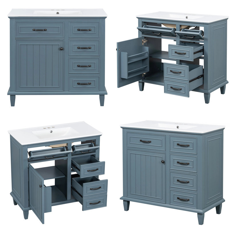 Meuble-lavabo moderne avec lavabo 36 po, armoire en bois massif gris-bleu avec tiroirs rabattables et porte à fermeture en douceur, capacité de 200 lb, meuble-lavabo autoportant