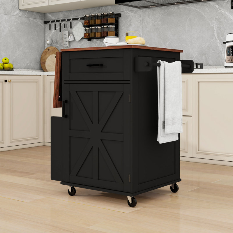 Kitchen Cart with Drop Leaf, Drawer, Storage Cabinet, Adjustable Shelf, Side Rack and Towel Bar, Black