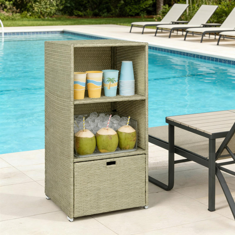 Boîte de rangement d'extérieur en rotin avec tiroir et tablette, Kaki pâle