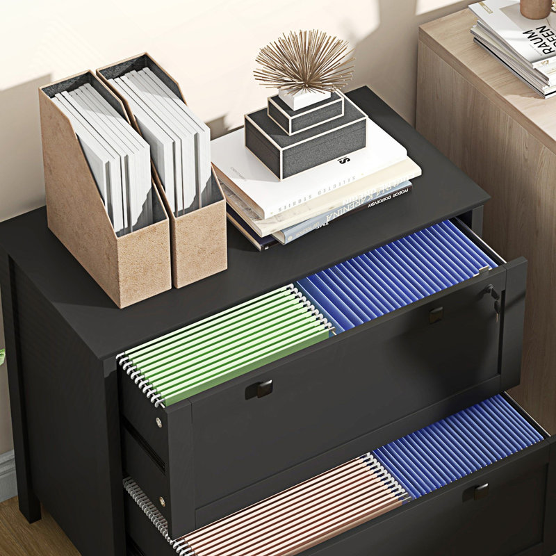 Entry Cabinet, 2 Drawer File Cabinet With Lock, Lateral Filing Cabinet With Keys And Adjustable Hanging Bar, Black