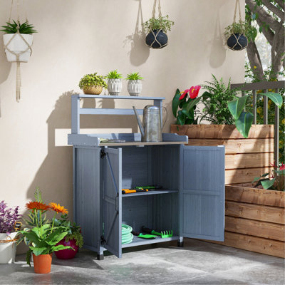 Potting Bench With Storage, Galvanized Worktop, Wooden, Gray Outdoor Table Surface, Wooden Frame, Stable For Backyard, Garden, Balcony,