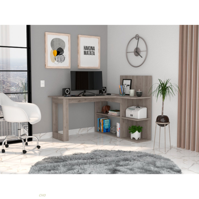 Masai Writing Computer Desk, Five Open Shelves, Light Gray
