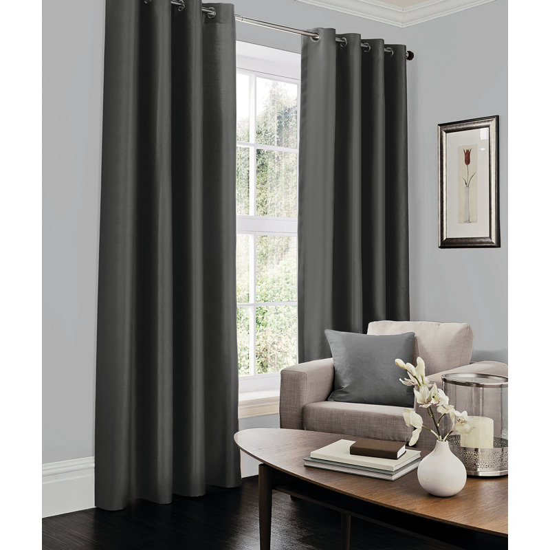 Luxury Faux Silk Lined Eyelet Curtains Pair - Elegant Window Drapes with Solid Colour Finish for Living Room Bedroom Dining Room Home Décor