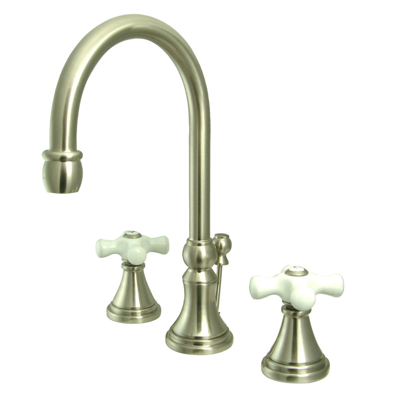 Madison Widespread Bathroom Faucet with Double Porcelain Cross Handles, Brushed Nickel