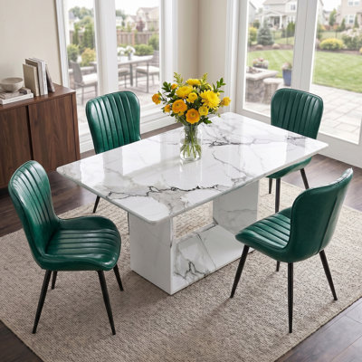 5 - Piece Modern Glam Dining Set With 63" Rectangular Faux Marble Table And 4 Channel-Tufted Faux Leather Chairs
