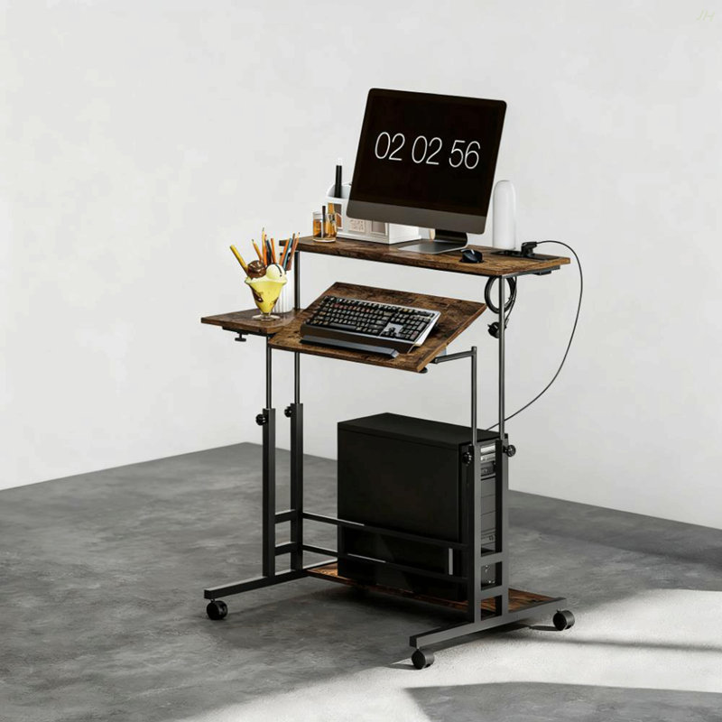 Bureau debout ajustable avec plateau inclinable, roulettes et tablette