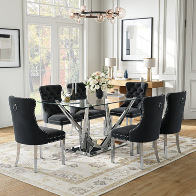 Modern Glass Dining Table Set, 63" Rectangular Tempered Glass Top With Stainless Steel Cross-Leg Base And Velvet Tufted Nailhead Chairs