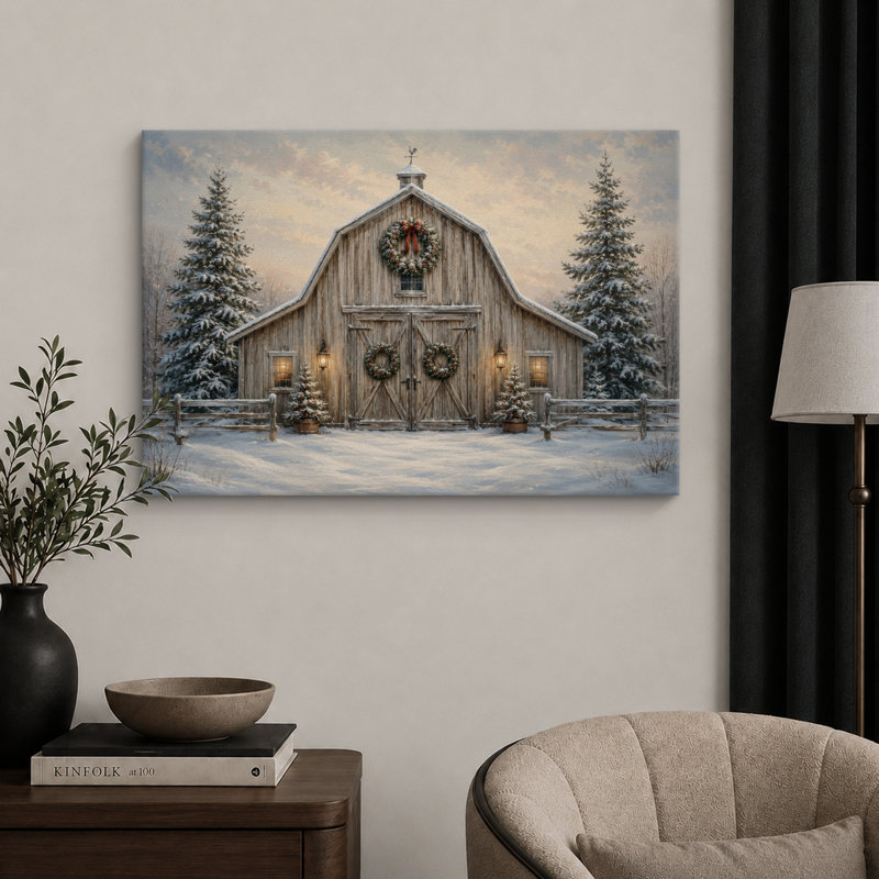 Illustration de Noël grange forêt enneigée, photos de salon, impression sur toile giclée sur toile encadrée, Toile tendue