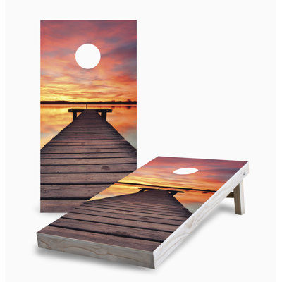 Sunset Beach Boardwalk Corn Hole Board Set With Case & Lights