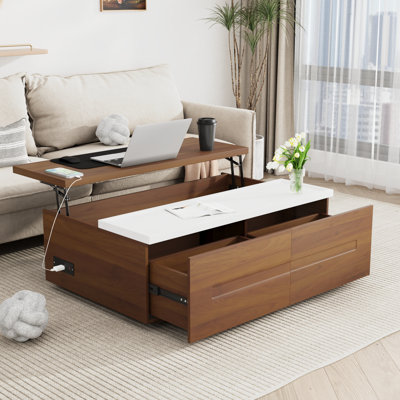 47.2"" Morden Large Lift Top Coffee Table, Wooden Coffee Table With 2 Drawers & Charging Station,Large Hidden Storage For Living Room -  Latitude Run®, 77EF104500AD4CE2A52FF04A1B8D024E