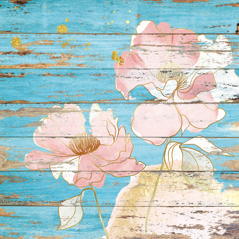 «Rustic Pink Blooms» sur toile bleue patinée, H 24 po x l 36 po