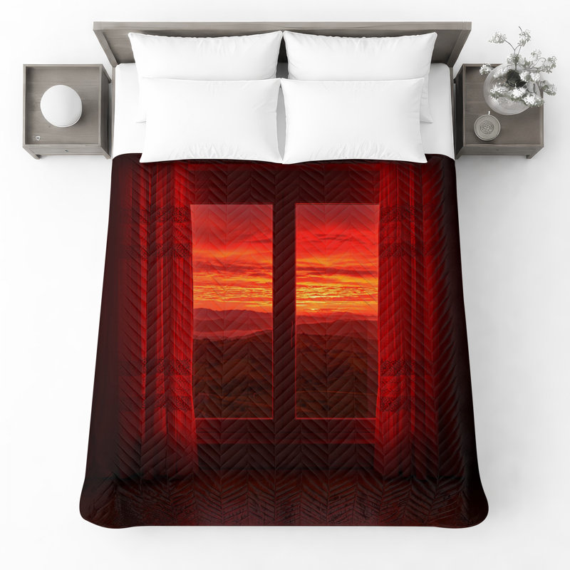 Red Sunset Through Window Quilted Bedspread All Sizes, Twin