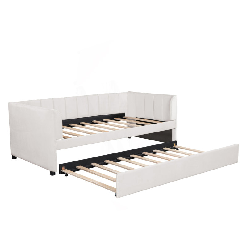 Twin Size Upholstered Daybed With Ergonomic Design Backrest And Trundle, Day Bed, Beige