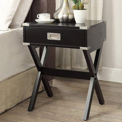 Stylish Side Table With Metal Corners And Flush Mount Drawer, Perfect For Modern And Classic Decor.