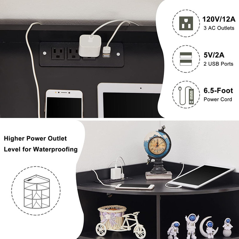 Cayhlin Wooden Corner Cabinet Storage With USB Ports And Outlets, Corner Cube Toy Storage For Small Space, Black