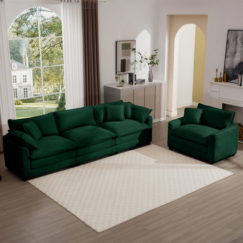 Ensemble de canapé rembourré 4 places avec coussins et coussins Silas, Vert