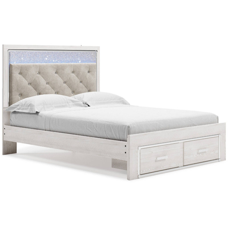 Grand lit de rangement avec tête de lit à boutons gris Aly, Grand